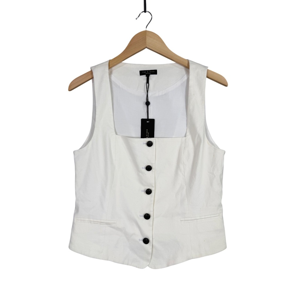 rag‎ & bone Mariana Linen Vest Women Size 10 White Square Neck Button Front New